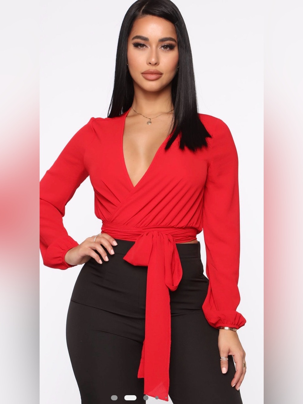 Women's Red Wrap Tie-Front Blouse with Long Sleeves